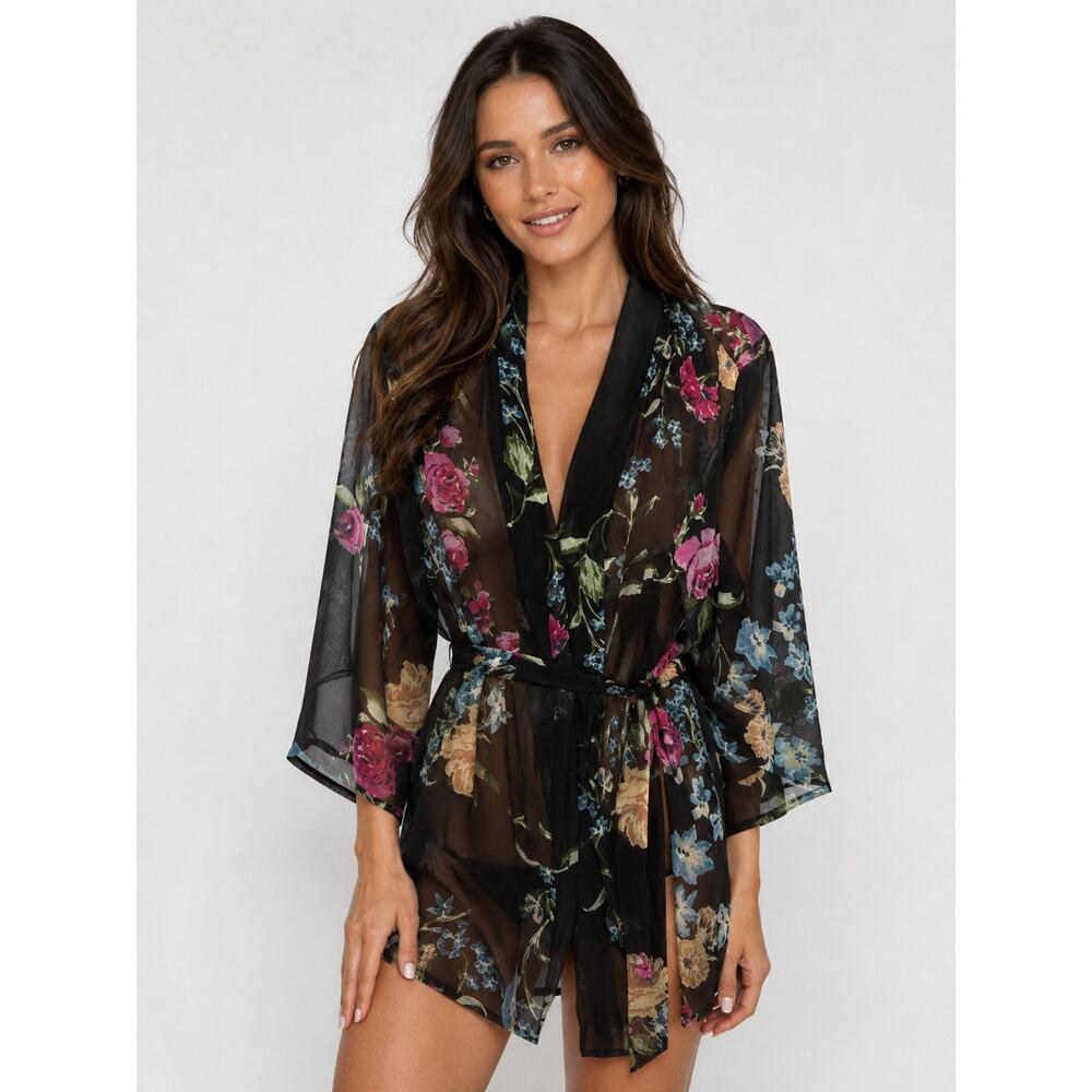 Helena Quinn Floral Sheer Kimono Robe Cover Up Black Rose Print Belted One Size